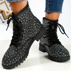 Lilyana Black Silver Studded Rhinestone Lace Up Combat Ankle Boots  Glittery  7